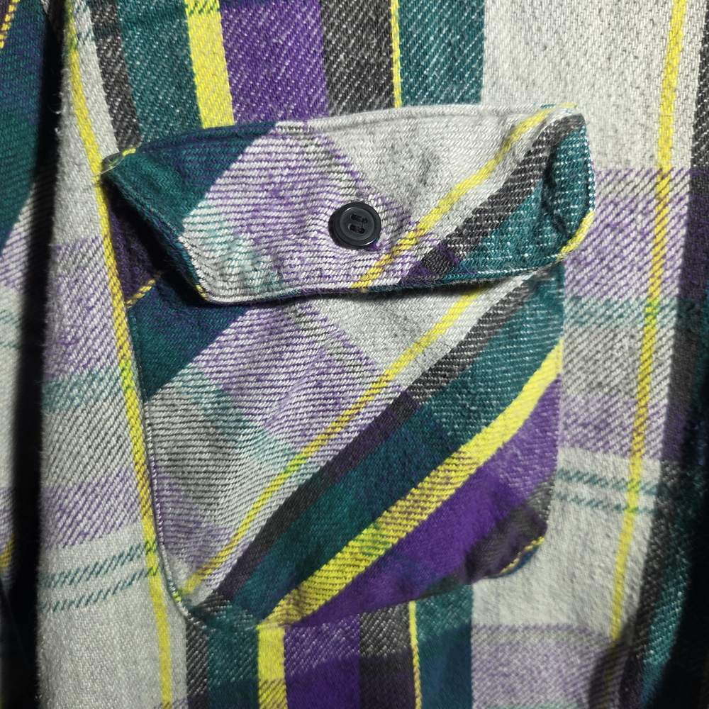 Coleman Mens Flannel Shirt Large L Plaid Cotton Purple Yellow Green Long Sleeve - Picture 2 of 9